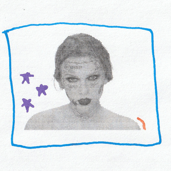 hand-drawn illustration on white background with blue border featuring a grayscale portrait of a face with three purple stars floating to the left and a small orange curved line on the right