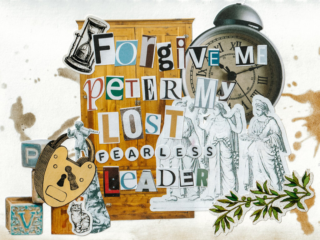 mixed media collage on wooden background featuring cut-and-pasted typography, vintage illustrations of angels and objects, a clock face, guitar, and various symbolic imagery in muted earth tones and teal accents