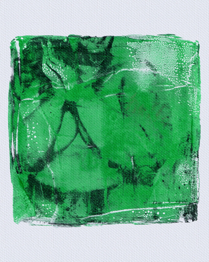 A square monotype print in vibrant shades of emerald and forest green on a white, textured canvas. The composition features abstract, organic shapes created through layered ink, with visible stippling and crackle effects in the upper right. Dark, sketchy outlines suggest a central form, while the edges of the print show raw, irregular ink marks.