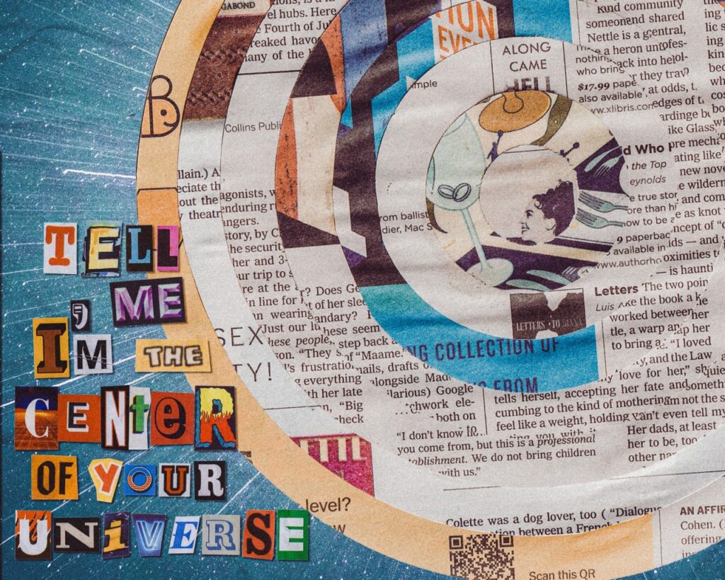 collage on teal and white textured background featuring a circular mirror frame with colorful figure inside, surrounded by vintage book pages, colorful text fragments, decorative elements, and symbolic imagery