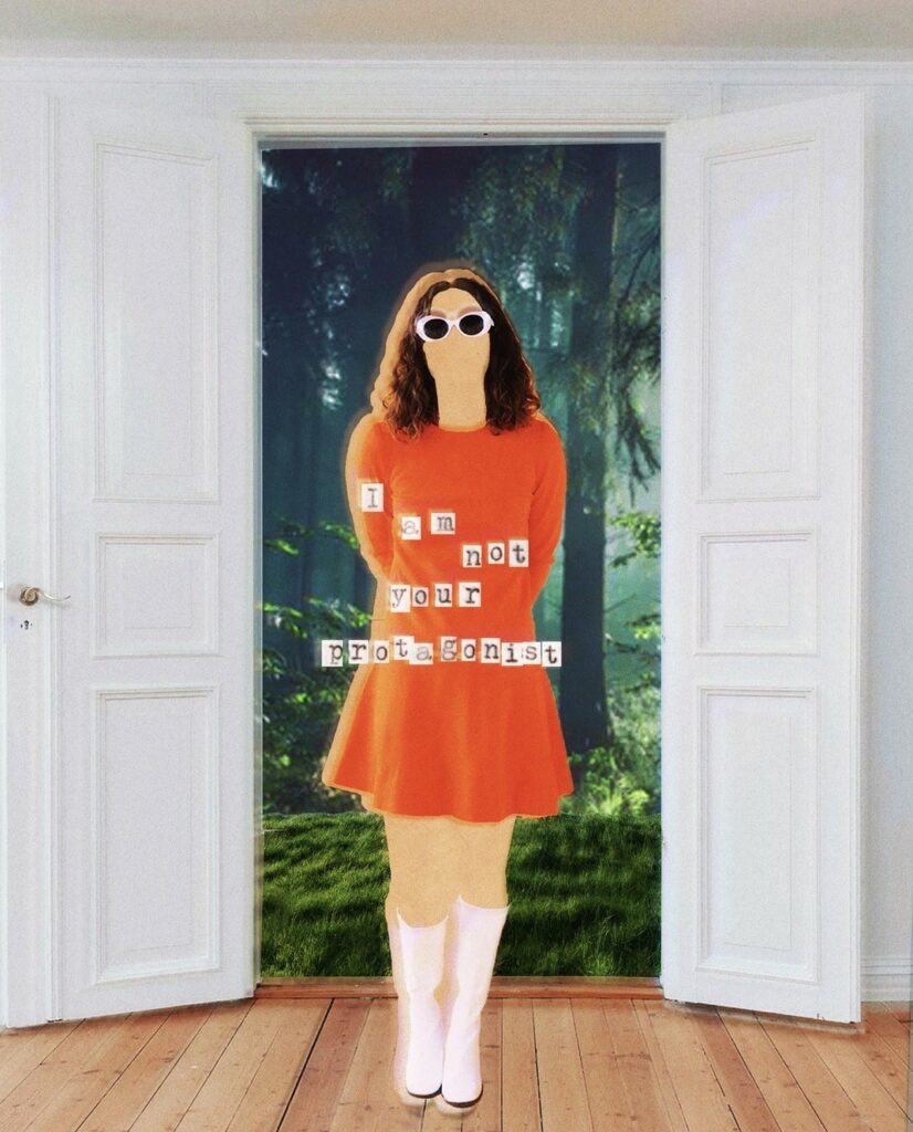 A digital collage of a stylized figure in a bright red dress and white socks, wearing oversized white sunglasses. The figure's face is blank and featureless. Text overlaid across the chest reads "i am not your erotic sonist." Behind the figure is a lush forest background with trees and grass visible through open white doors.