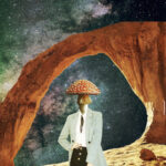 surreal collage featuring a figure in cream-colored coat with a red and white spotted mushroom for a head, standing in a desert landscape beneath a natural stone arch, with starry night sky visible through the opening