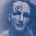A square cyanotype print in muted monochromatic blue, featuring a close-up of a classical woman’s face from a sculpture. A dark cluster of ants is concentrated on her forehead, with several individual ants scattered across her cheek and chin. The texture is grainy and atmospheric, characteristic of the cyanotype process.
