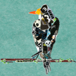 A collage of a starling perched on a illustrated branch, assembled from stickers and found ephemera. The bird's silhouette is filled with layered objects — a skull charm, a graphing calculator, glitter, a panda, a key, a mermaid, a walkie talkie, and more — all rendered in blacks, blues, and silver against a teal textured background. The overall effect is chaotic but cohesive, like something a starling might actually collect.