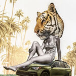 mixed media collage featuring a woman in profile with a tiger's head, wearing a striped swimsuit, posed against palm trees and holding a mint-green subaru, rendered in vintage collage style with tan and cream tones