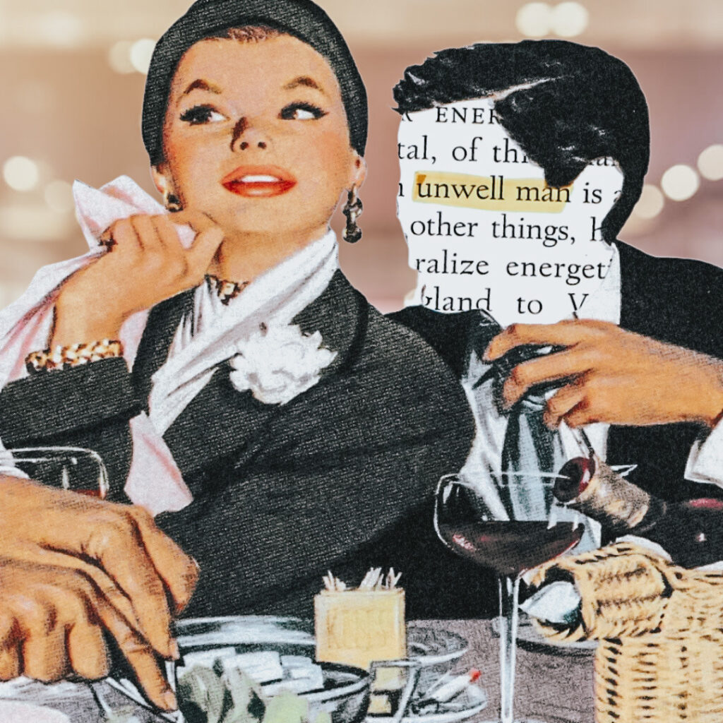 vintage-style collage featuring a woman in black and white clothing with her hand to her face, paired with a man's silhouette, surrounded by printed text fragments and a glass of liquid